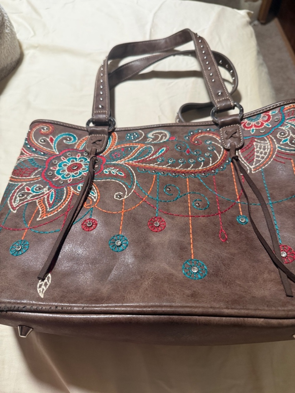 Brown Embroidered Paisley Tote with Teal & Red Accents